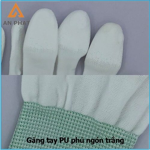 Găng tay phủ pu ngón tay màu trắng chất sợi poly mỏng bền
