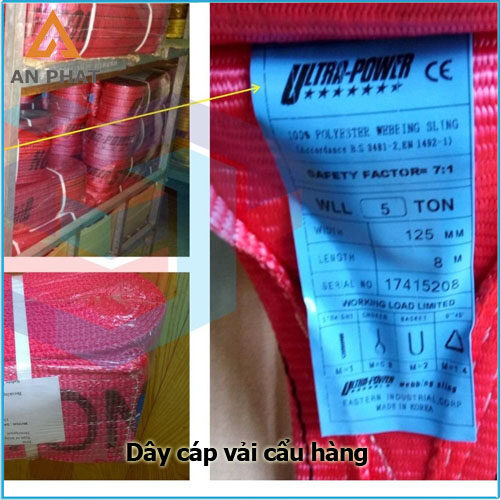 Thông số dây cáp thể hiện nhà sản xuất, trọng tải, chiều dài